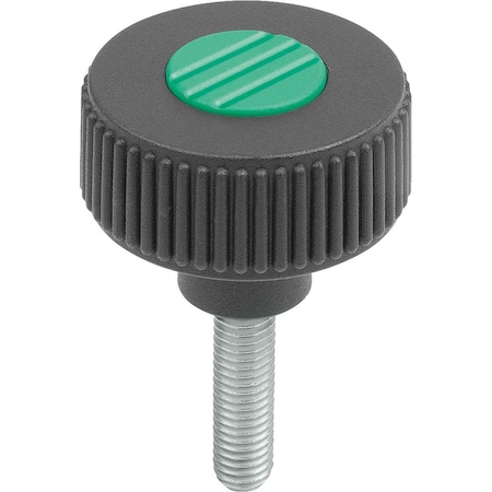 Knurled Knob Size:1, D1=40 D=M08X15,, Form:L, Plastic Black, Comp:Stainless, Cap:Green Ral6032